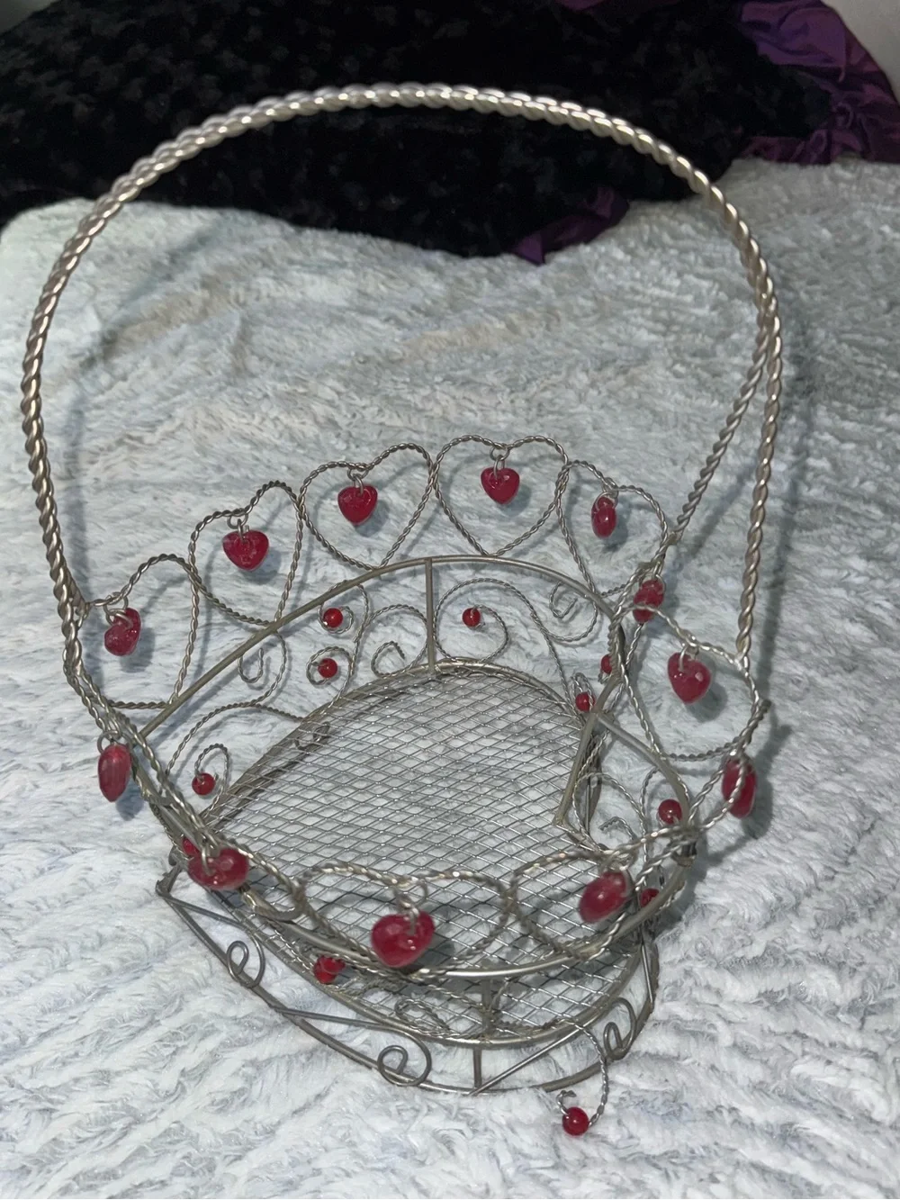 Decorative Silver Heart Basket with Red Bead Accents - Home Holiday